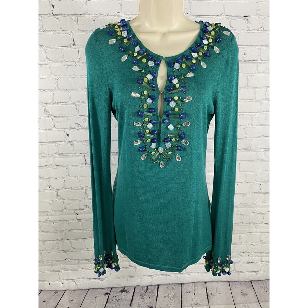 Harold’s Teal Beaded Silk Blend Knit Sweater Long Sleeve Front Closure V Neck S